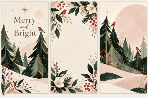 Artistic holiday card set with evergreen trees birds and floral frames