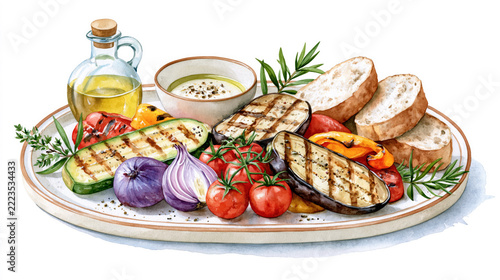 Grilled vegetables with olive oil, fresh herbs, and bread on a platter