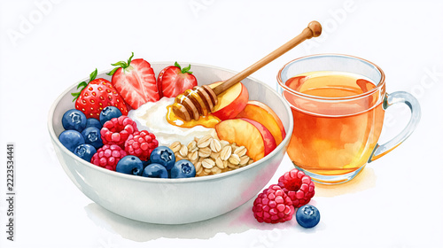 Healthy breakfast bowl with yogurt, fresh berries and honey