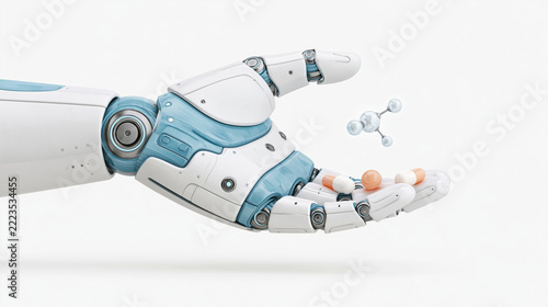 Futuristic robotic hand holding pills and molecule symbolizing medical technology