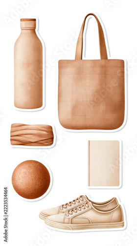 Eco-friendly beige essentials: reusable bottle, tote bag, headband, notebook, ball, sneakers set