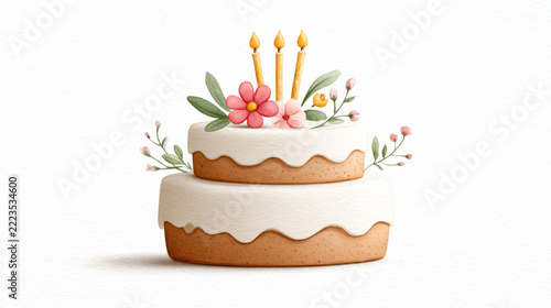 Elegant floral two-tier cake with candles and pink blossom decorations