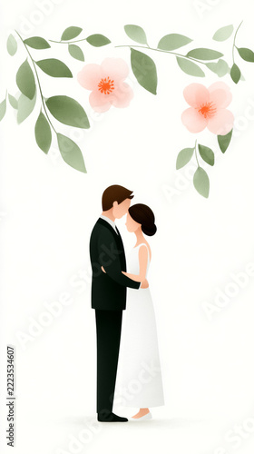 Elegant wedding couple embracing under floral archway