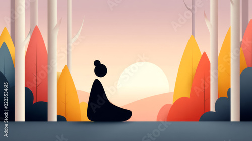 Minimalist silhouette of woman meditating in autumn forest at sunrise