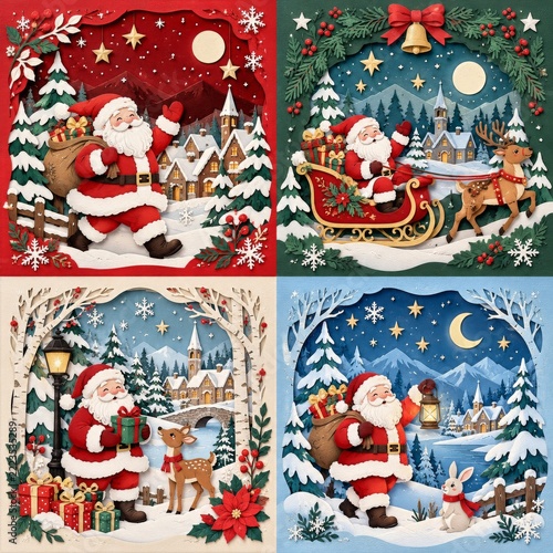 Layered paper Christmas card set with a cheerful festive gift giver