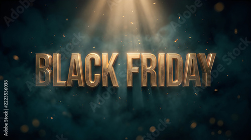 Stunning 3D gold text reading Black Friday on a dark smoky background with lighting