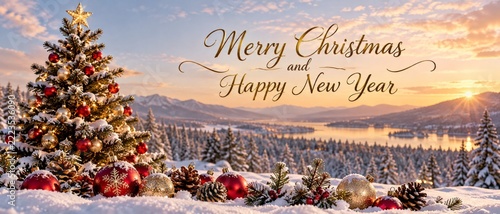 Festive Christmas banner with decorated tree and ornaments in snowy scenery