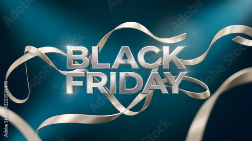 Stunning 3D Metallic Black Friday Typography Surrounded By Elegant Flowing Ribbons On Deep Blue Background