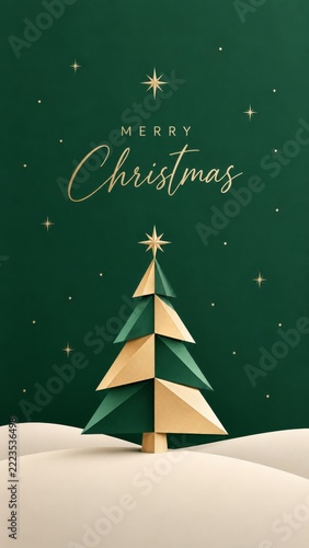 Minimal Christmas Graphic with Geometric Green and Gold Tree and Stars