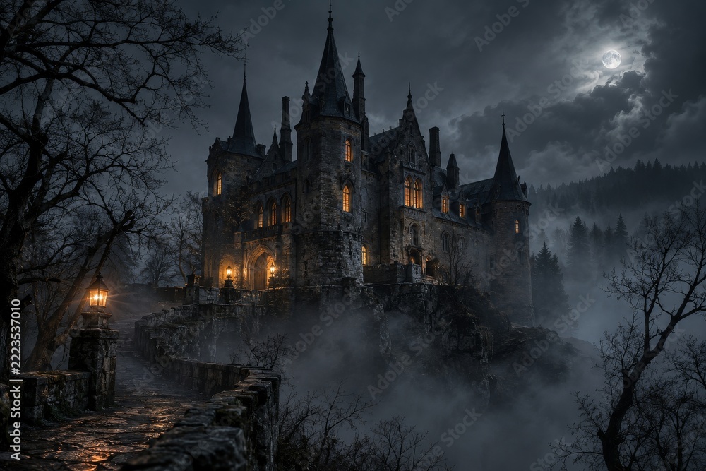 Obraz premium Spooky Gothic Castle with Glowing Windows above a Foggy Moonlit Woodland