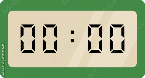 A green and cream digital clock on a white background showing 00:00. A modern digital clock displaying time with bright LED numbers, representing technology, time management, punctuality, and everyday