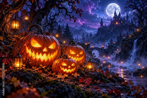 Glowing Halloween pumpkins in a magical moonlit forest with distant castle