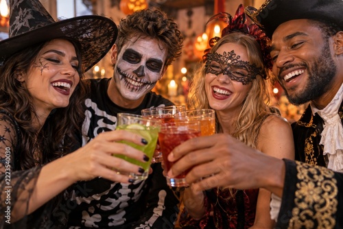 Friends in Halloween costumes clinking colorful drinks at a festive party