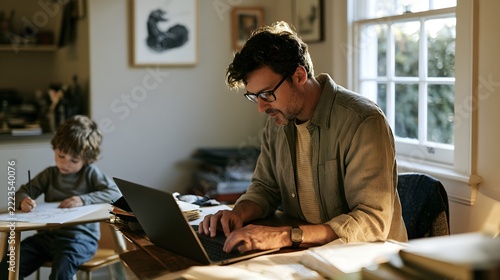 Father working on laptop while young son draws at home office desk