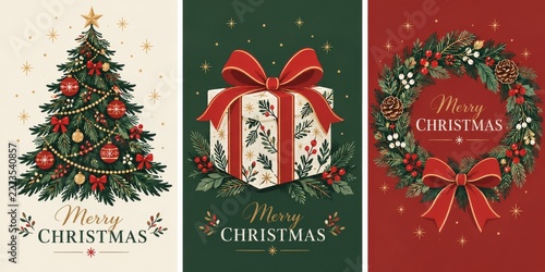 Christmas greeting card set with decorated tree wrapped gift and wreath
