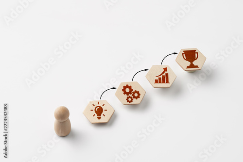 Business growth and success with wooden icons and ascending arrows