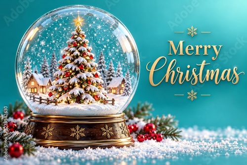 Christmas Snow Globe with Decorated Tree and Gold Greeting on Turquoise