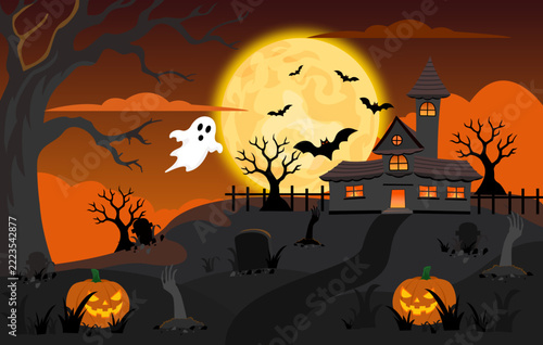 Halloween Haunted House with Full Moon, Flying Bats, Ghosts and Pumpkins