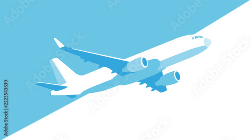 Minimalist illustration of a passenger airplane taking off in blue sky