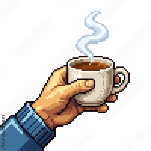 hand holding a cup of tea in 8 bit style