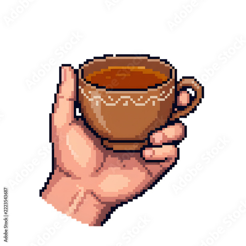 hand holding a cup of tea in 8 bit style