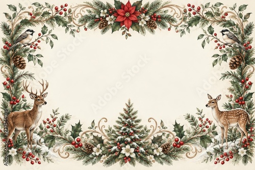 Ornate botanical Christmas frame with deer and winter birds on cream paper