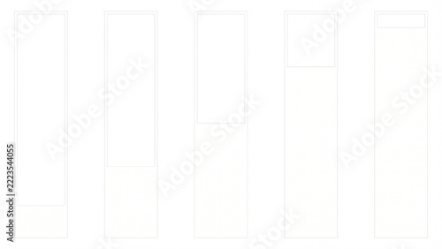 Five vertical wireframe layout templates showing minimalist website structure wireframes rendered cleanly inside simple rectangular boxes on transparent background. 