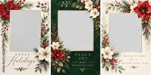 Floral Holiday Photo Card Set with Poinsettias and Elegant Gold Details