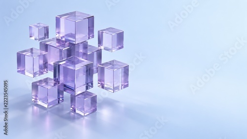 Transparent lavender cubes arranged on a light blue background