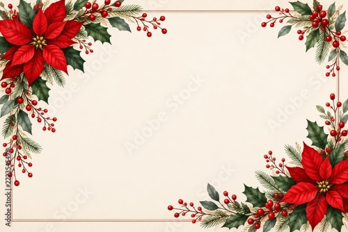 Elegant Christmas greeting card frame with red botanical accents and copy space