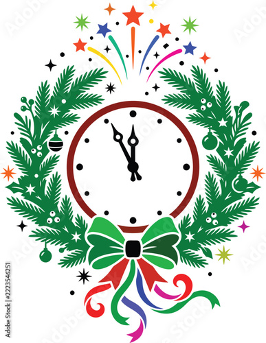Christmas Countdown Clock Wreath Evergreen Fireworks Ribbon Ornaments Midnight Celebration