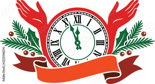 Clock Hands Midnight Roman Numerals Evergreen Holly Ribbon Celebration Newyear