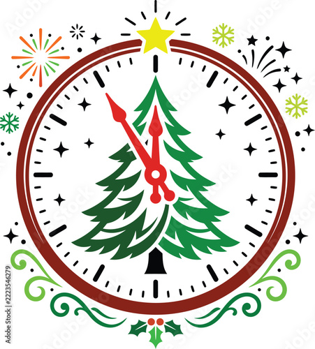 Christmas Tree Countdown Clock Star Fireworks Snowflakes Holly Midnight Festive