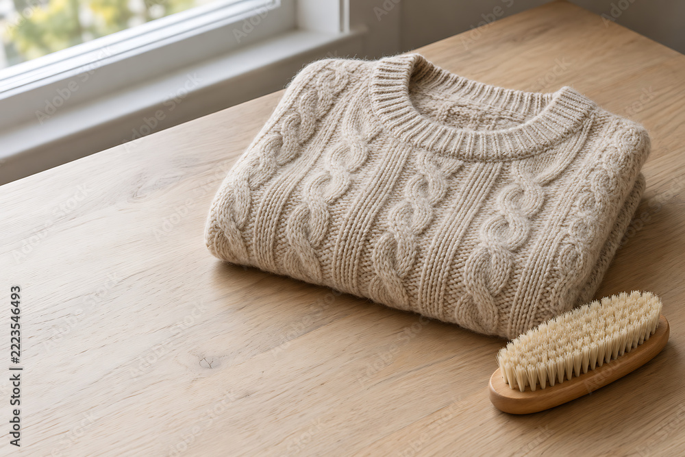© Uniquecreations - Folded knit sweater with a clothing brush on a wooden table