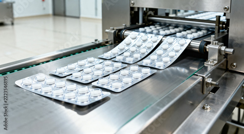 Pharmaceutical tablet production on automated conveyor line in modern medicine packaging factory