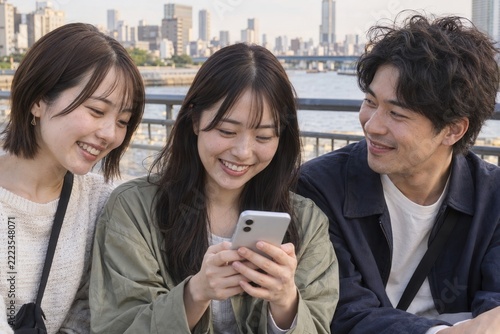 Friends Enjoying a Beautiful Day by the River with a Smartphone