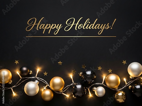 Happy holidays greeting card with gold and black christmas ornaments