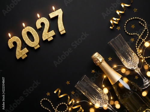 Golden 2027 candles with champagne bottle and glasses for new year