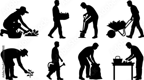 Set of silhouettes of people gardening and farming vector illustration