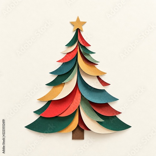 Minimal Christmas card with a colorful layered paper cut tree on cream