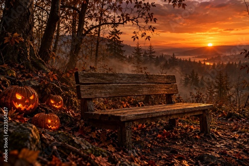 Glowing carved pumpkins beside an empty wooden bench at a forest sunset