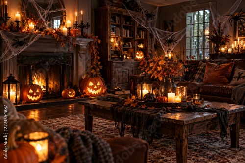 Dark Halloween living room decorated with glowing pumpkins cobwebs and spiders