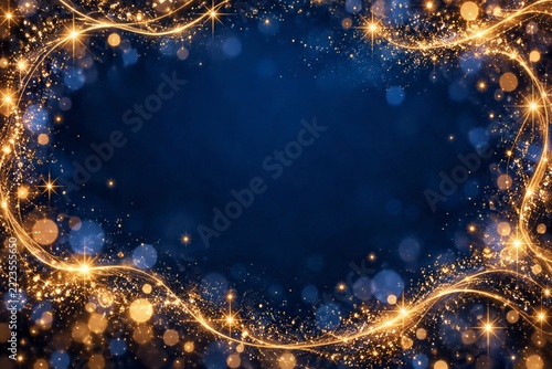 Magical golden glitter and light trails framing a dark blue background