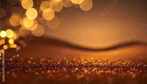 Luxury mocha brown and golden amber abstract background with soft diffused honey colored glowing bokeh lights and shimmering metallic glitter surface