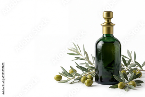 Olive oil bottle with fresh olives and branches