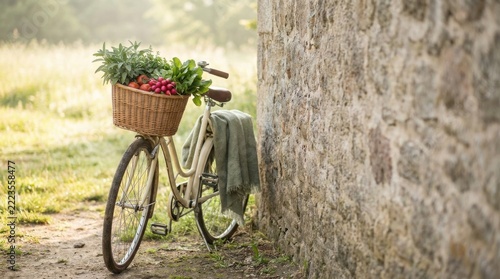 Vintage Bicycle with Harvest Basket of Produce by Stone Wall