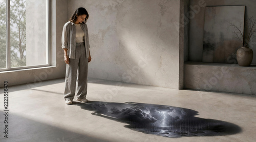 Surreal conceptual art of a woman facing a dark abyss hole in a room