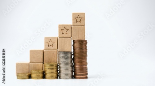 Wooden Blocks with Star Ratings and Ascending Coins on White