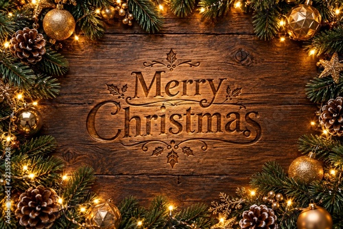 Engraved Christmas greeting on rustic wood framed by glowing festive lights