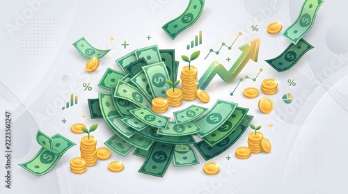 Rising stacks of coins and currency with seedlings illustrate investment growth, wealth creation, and financial success